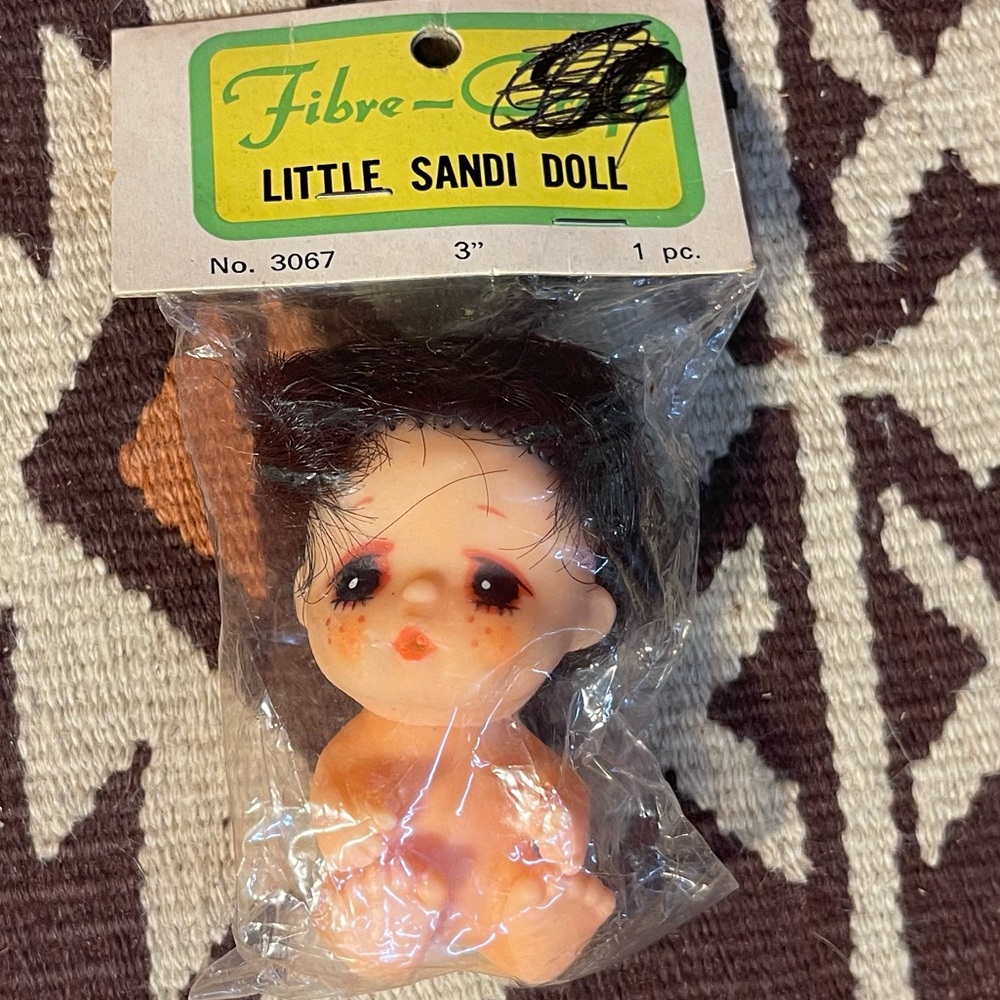 Vintage 1970’s NOS Fibre Craft Little Sandi Doll 3” No. 3067 Big Brown Eyes